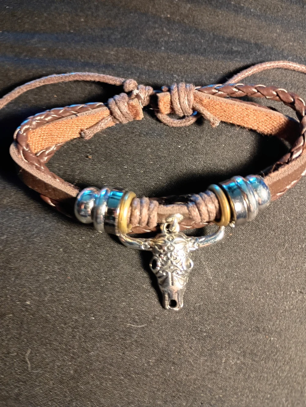 Boho Brown Leather Bracelet with Silver Bull Skull Charm